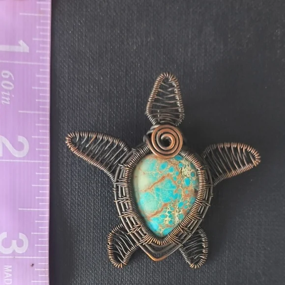 Wire Wrapped Turtle Pendant with Turquoise Stone - Picture 3 of 4